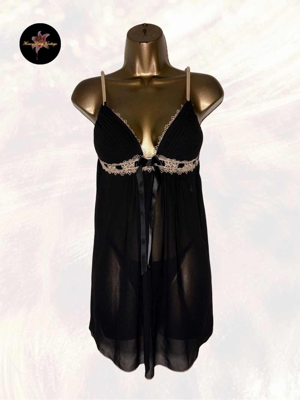 Linea Donatella Black Sheer Babydoll Chemise & Thong Set Lace Trim Lingerie